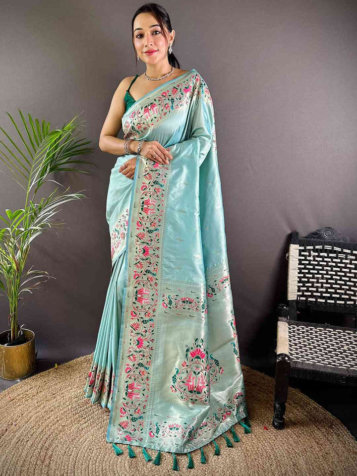 Mint Green Banarasi Silk Saree with Multi Color Floral Weaving & Tassel Pallu