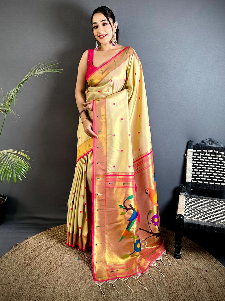 Cream & Pink Woven Silk Saree with Bird Motif Pallu