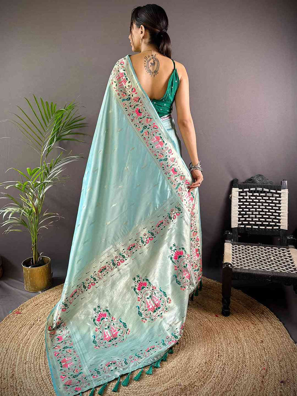 Mint Green Banarasi Silk Saree with Multi Color Floral Weaving & Tassel Pallu