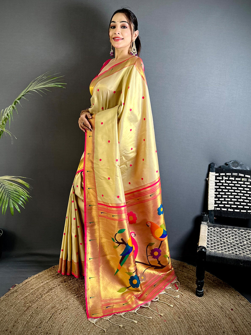Cream & Pink Woven Silk Saree with Bird Motif Pallu
