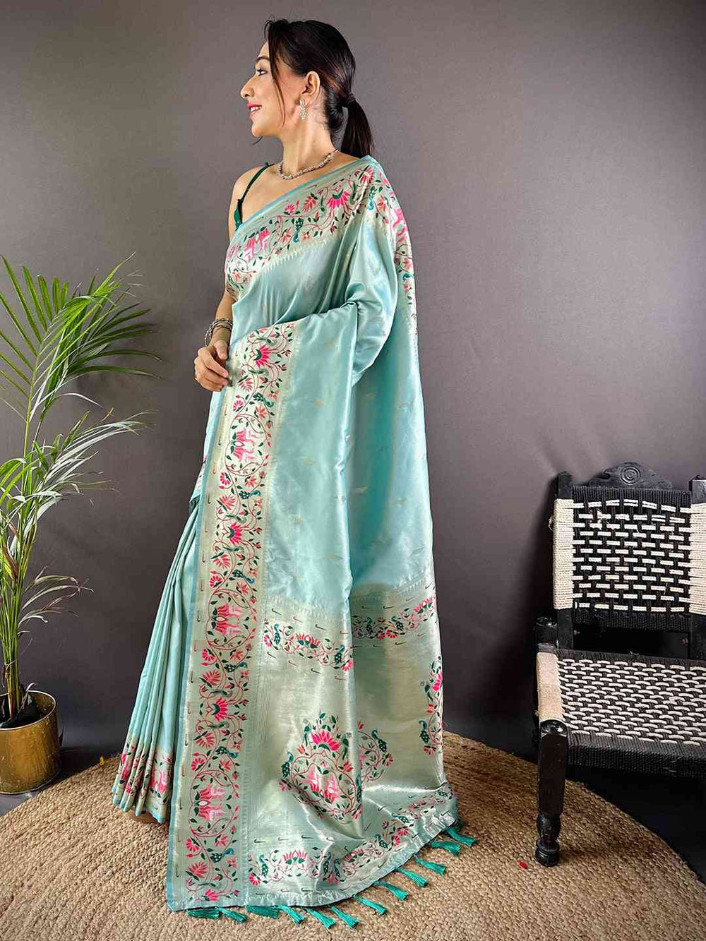 Mint Green Banarasi Silk Saree with Multi Color Floral Weaving & Tassel Pallu
