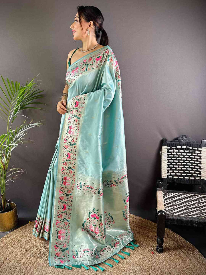 Mint Green Banarasi Silk Saree with Multi Color Floral Weaving & Tassel Pallu