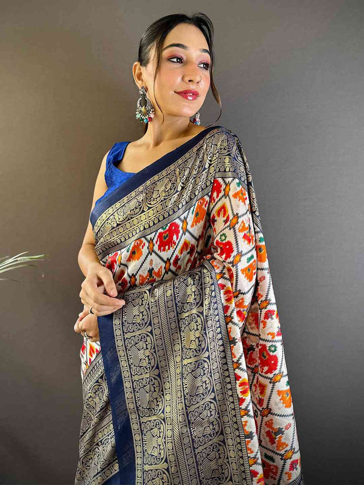 Navy Blue Patola Print Silk Saree with Red Pallu & Gold Zari Border
