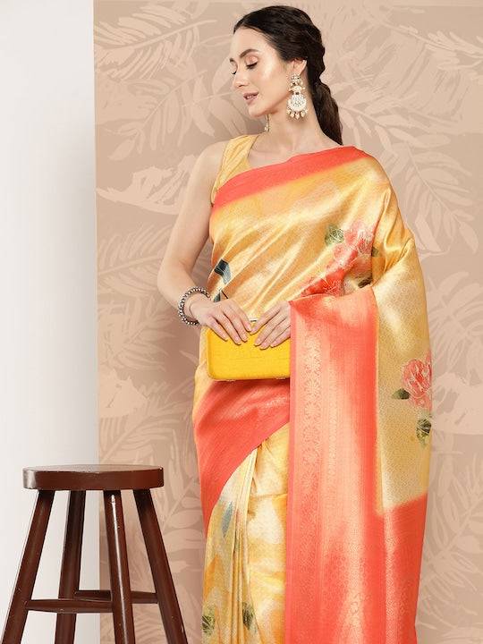 Peach & Yellow Woven Silk Saree with Floral Pallu