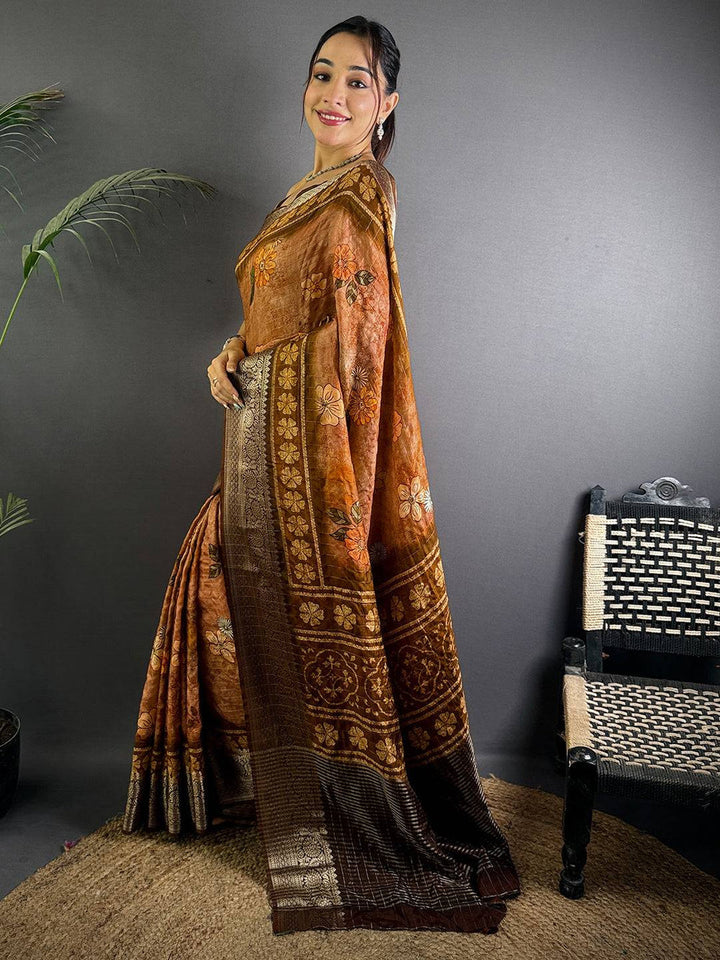 Brown Linen Silk Saree with Floral Digital Print & Antique Zari Border