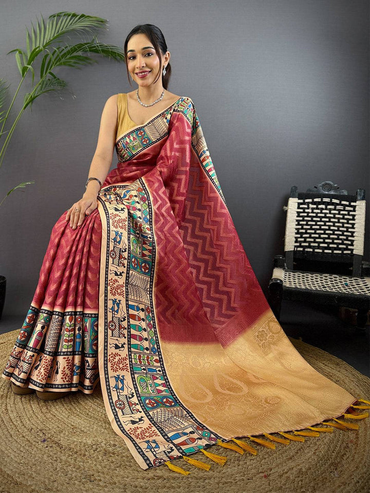 Maroon & Beige Madhubani Printed Silk Saree with Gold Zari Pallu