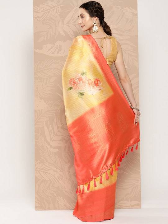 Peach & Yellow Woven Silk Saree with Floral Pallu