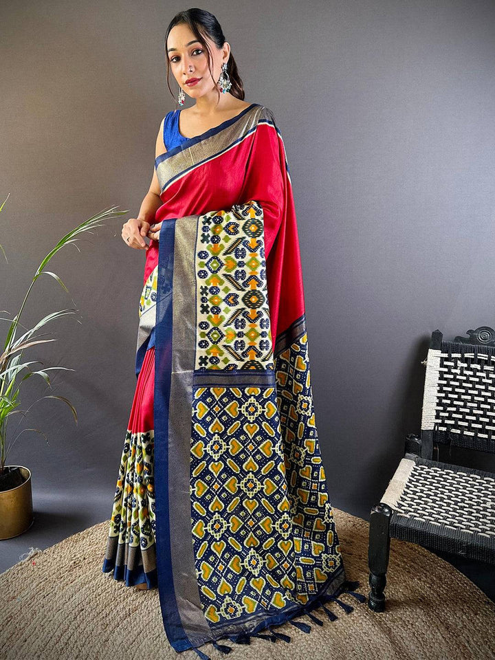 Red & Navy Blue Banarasi Silk Saree with Patola Style Weaving & Contrast Tassel Pallu