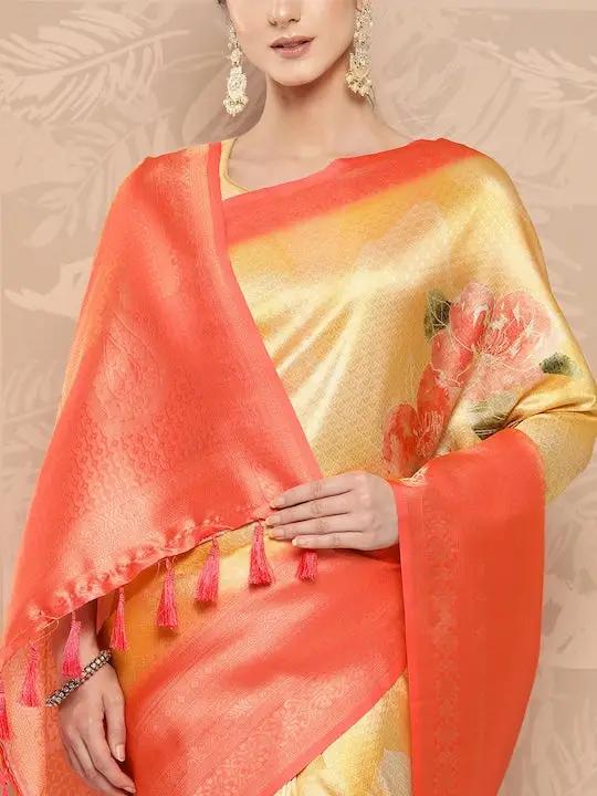 Peach & Yellow Woven Silk Saree with Floral Pallu