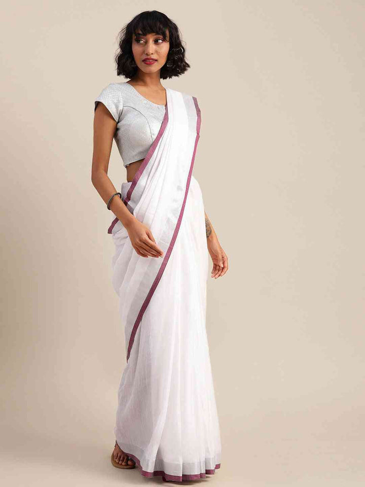 White Cotton Saree with Maroon Border