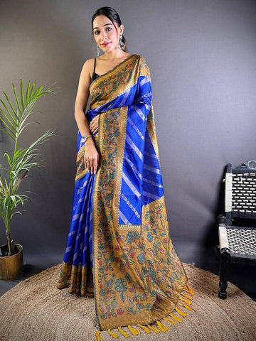 Royal Blue & Mustard Banarasi Silk Saree with Floral Weaving & Contrast Tassel Pallu