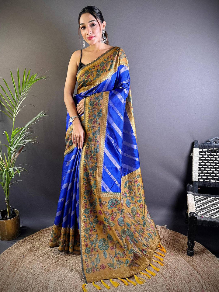 Royal Blue & Mustard Banarasi Silk Saree with Floral Weaving & Contrast Tassel Pallu