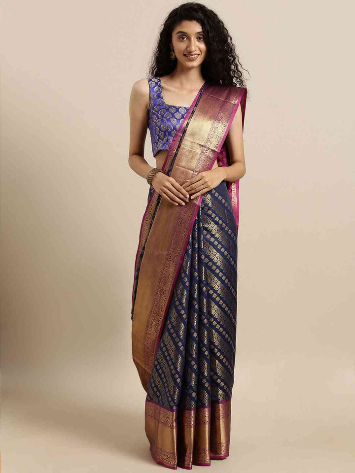 Navy Blue & Pink Banarasi Silk Saree with Gold Zari Weave