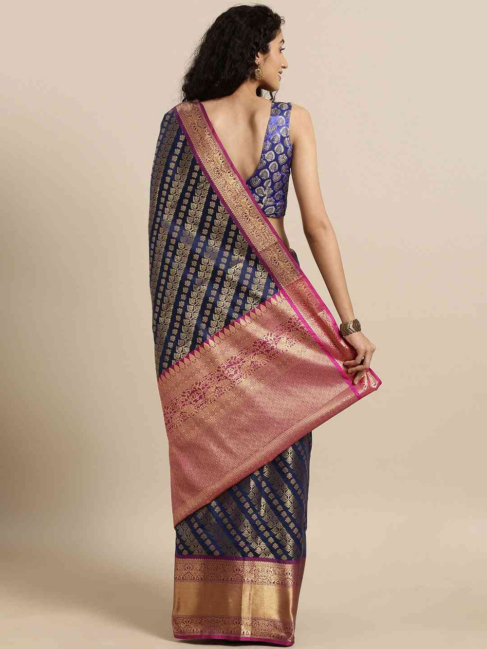 Navy Blue & Pink Banarasi Silk Saree with Gold Zari Weave