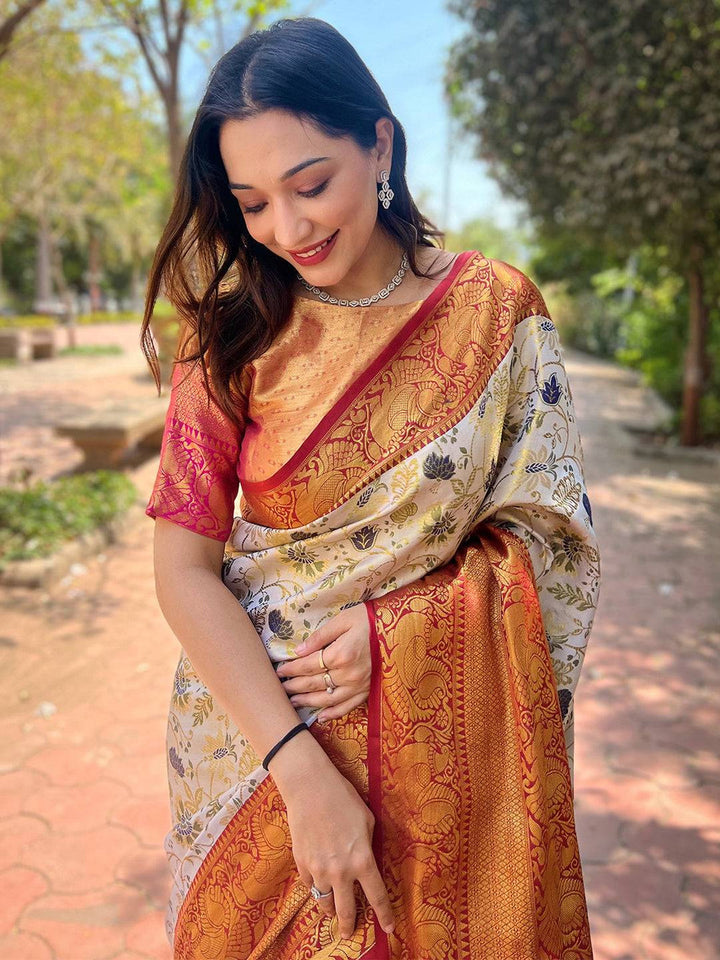 Orange Banarasi Silk Saree with Ivory Floral Print