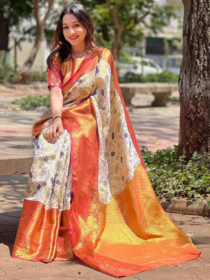 Orange Banarasi Silk Saree with Ivory Floral Print