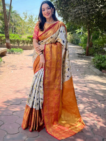 Orange Banarasi Silk Saree with Ivory Floral Print