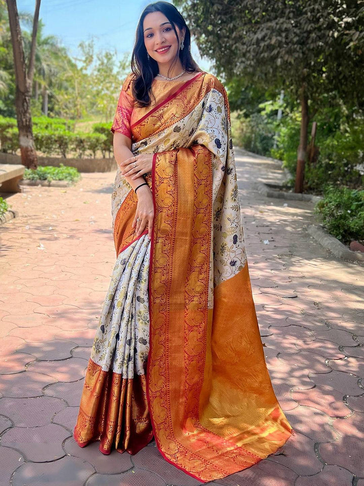 Orange Banarasi Silk Saree with Ivory Floral Print