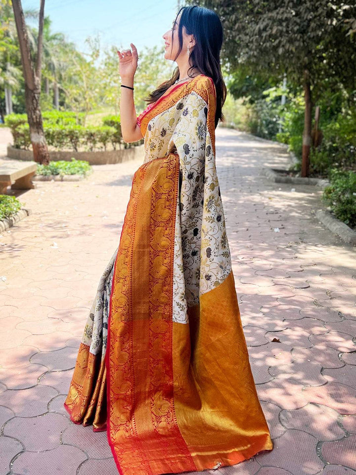 Orange Banarasi Silk Saree with Ivory Floral Print