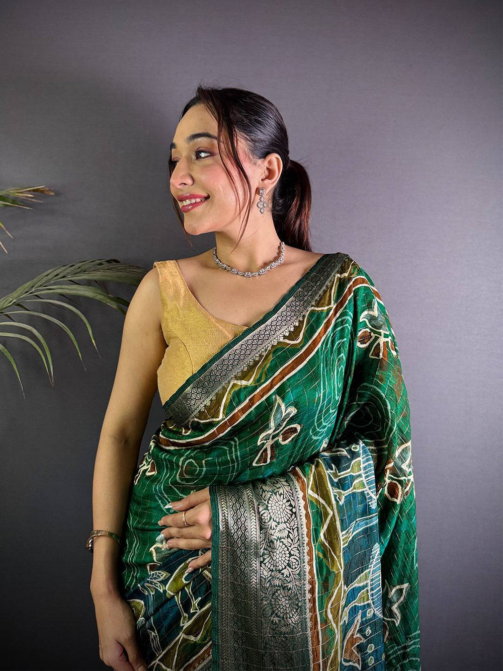Green Linen Silk Saree with Artistic Digital Print & Zari Border