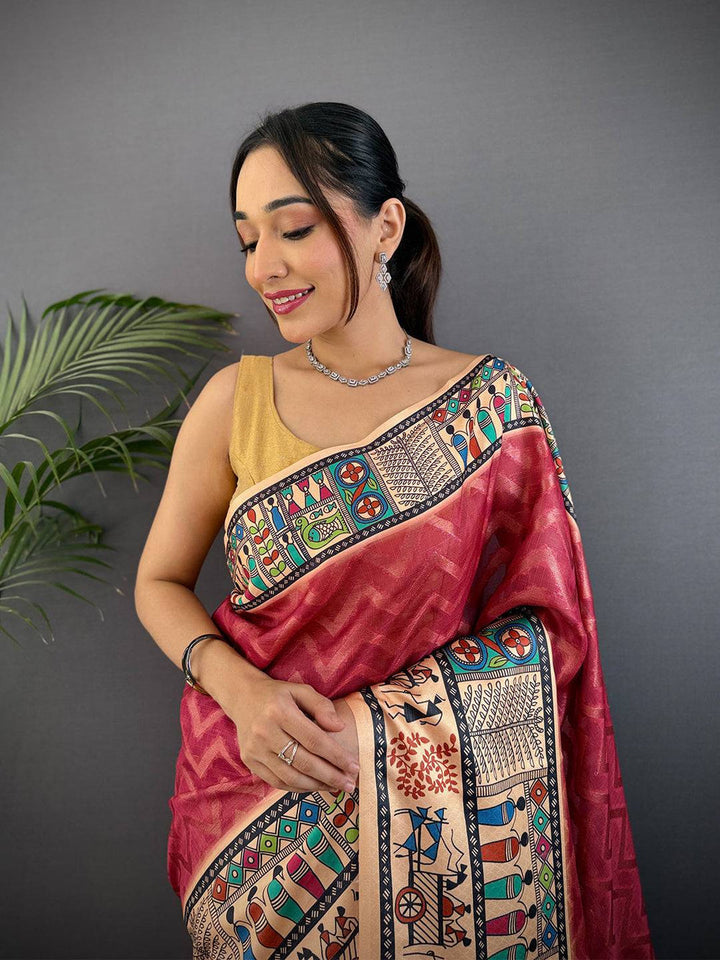 Maroon & Beige Madhubani Printed Silk Saree with Gold Zari Pallu