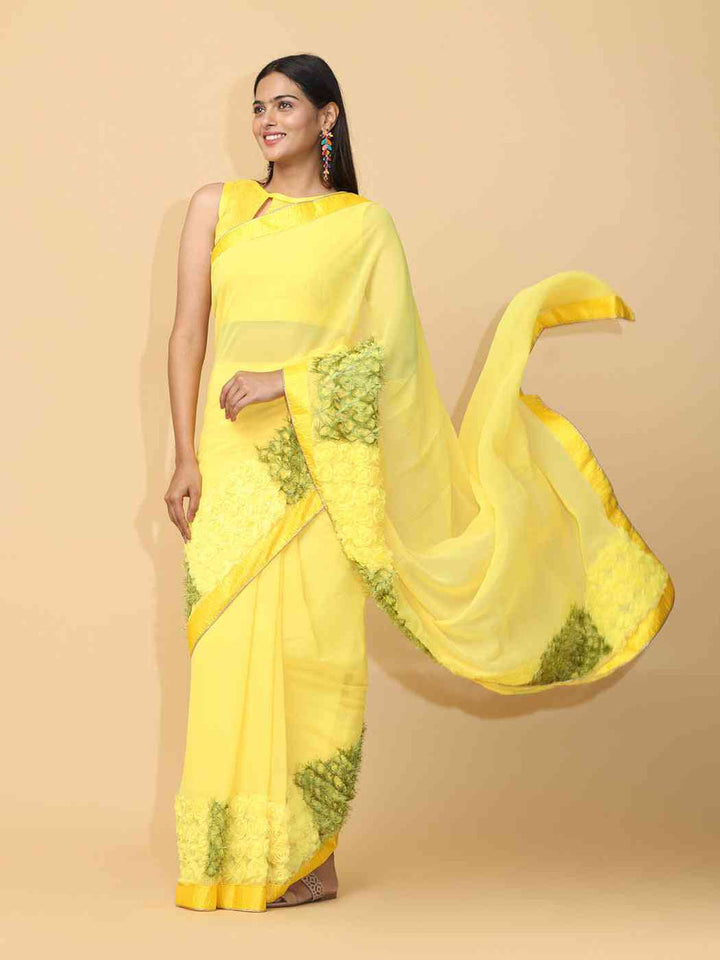 Lemon Yellow Organza Saree with 3D Floral Appliqué Borders