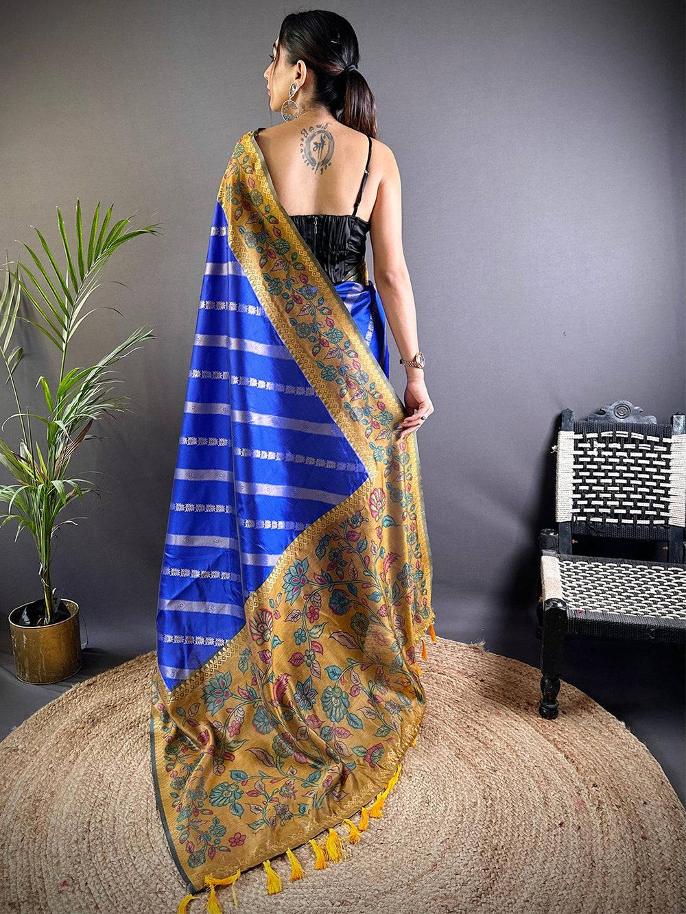 Royal Blue & Mustard Banarasi Silk Saree with Floral Weaving & Contrast Tassel Pallu