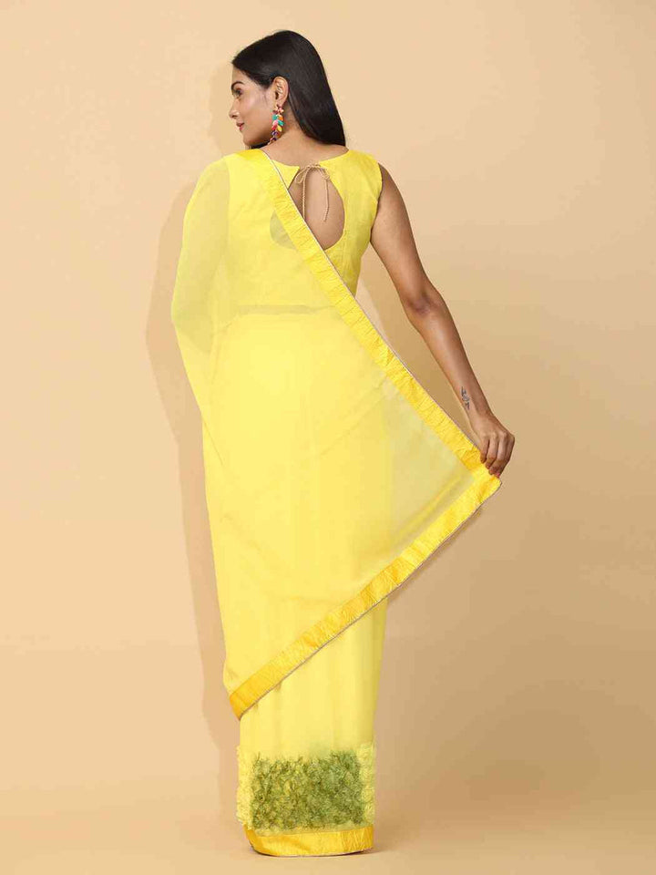 Lemon Yellow Organza Saree with 3D Floral Appliqué Borders