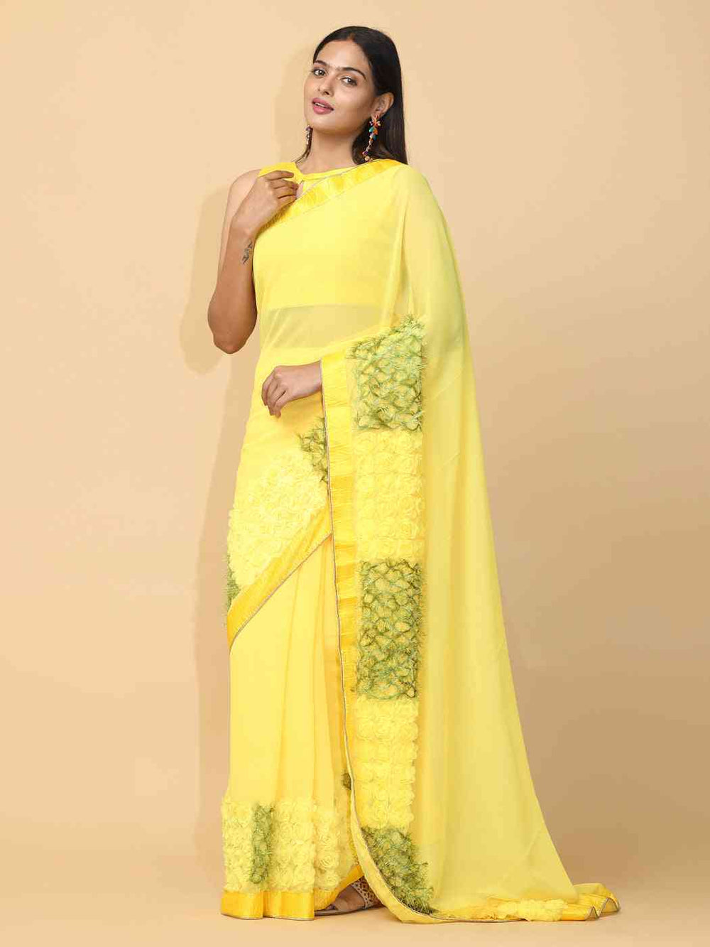 Lemon Yellow Organza Saree with 3D Floral Appliqué Borders