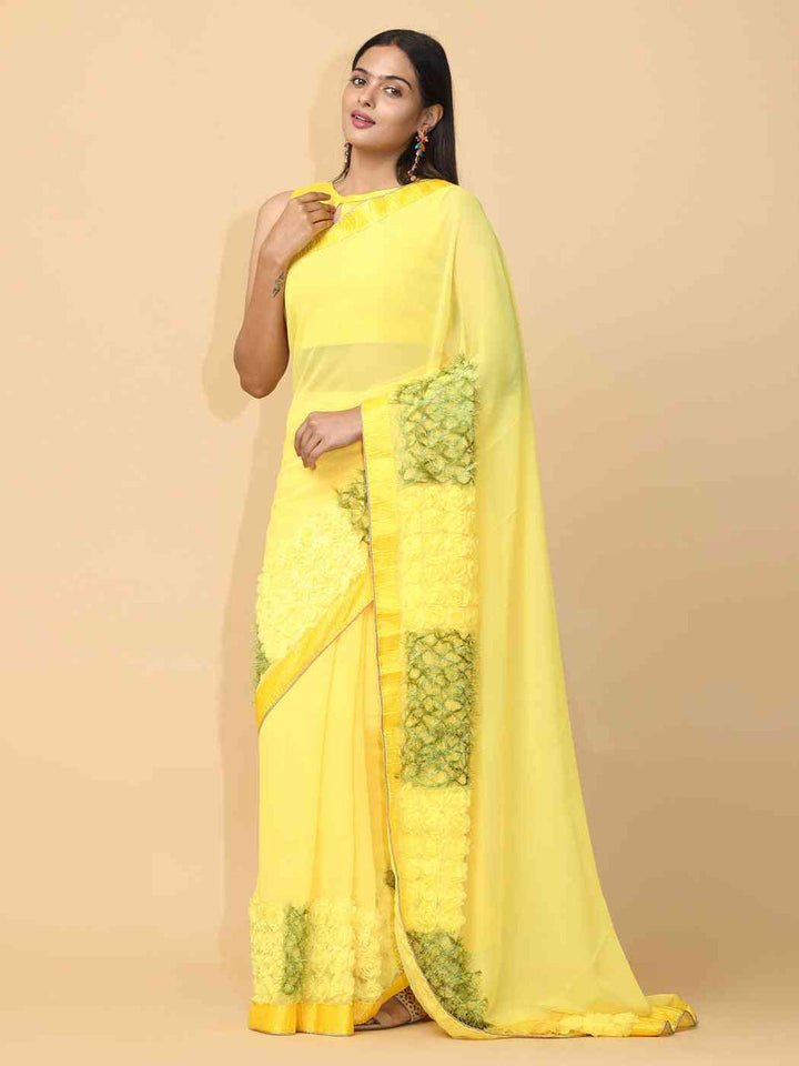 Lemon Yellow Organza Saree with 3D Floral Appliqué Borders