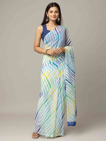 Multicolor Striped Georgette Saree in White Base