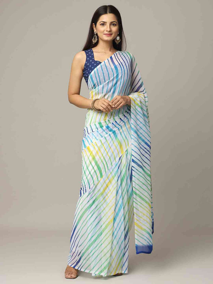 Multicolor Striped Georgette Saree in White Base