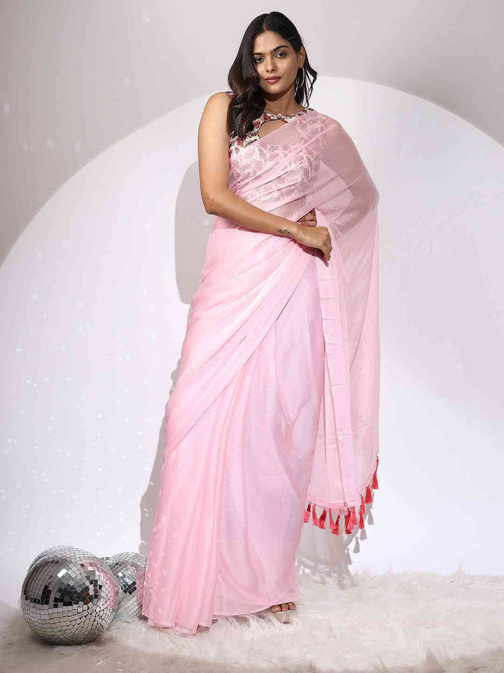 Baby Pink Organza Saree with Lace Border & Tassels