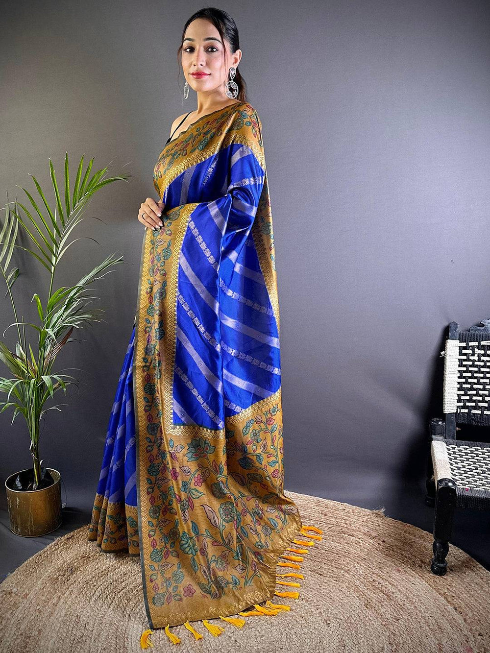 Royal Blue & Mustard Banarasi Silk Saree with Floral Weaving & Contrast Tassel Pallu