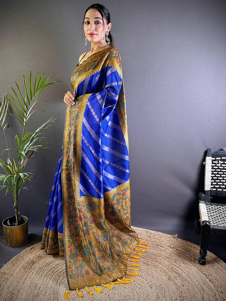Royal Blue & Mustard Banarasi Silk Saree with Floral Weaving & Contrast Tassel Pallu