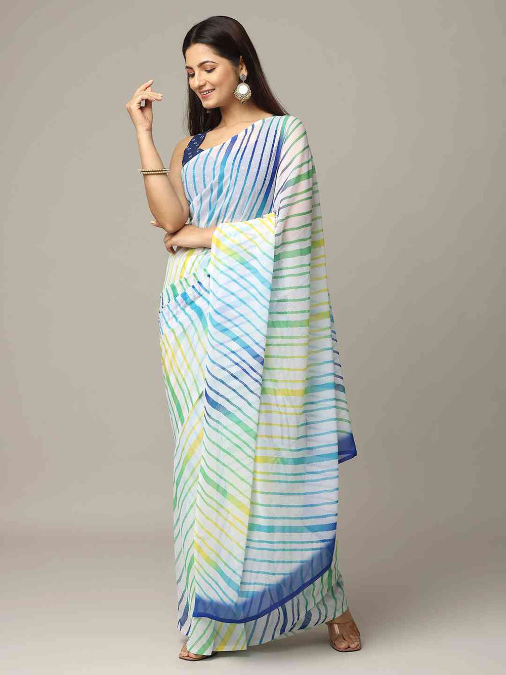 Multicolor Striped Georgette Saree in White Base