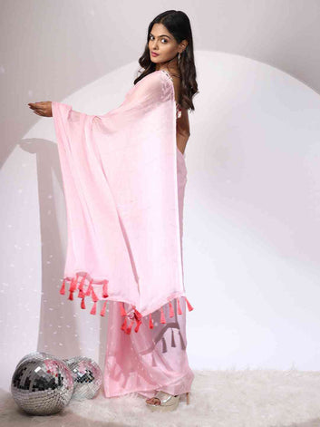 Baby Pink Organza Saree with Lace Border & Tassels