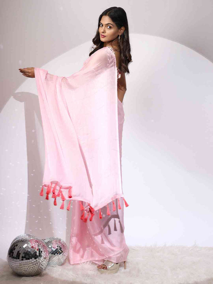 Baby Pink Organza Saree with Lace Border & Tassels