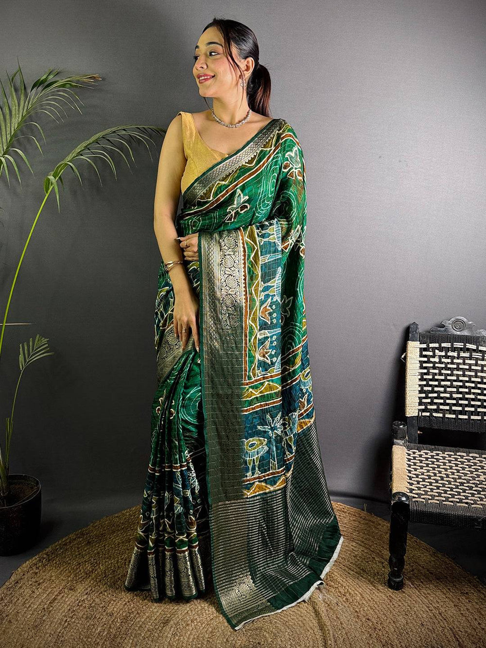 Green Linen Silk Saree with Artistic Digital Print & Zari Border