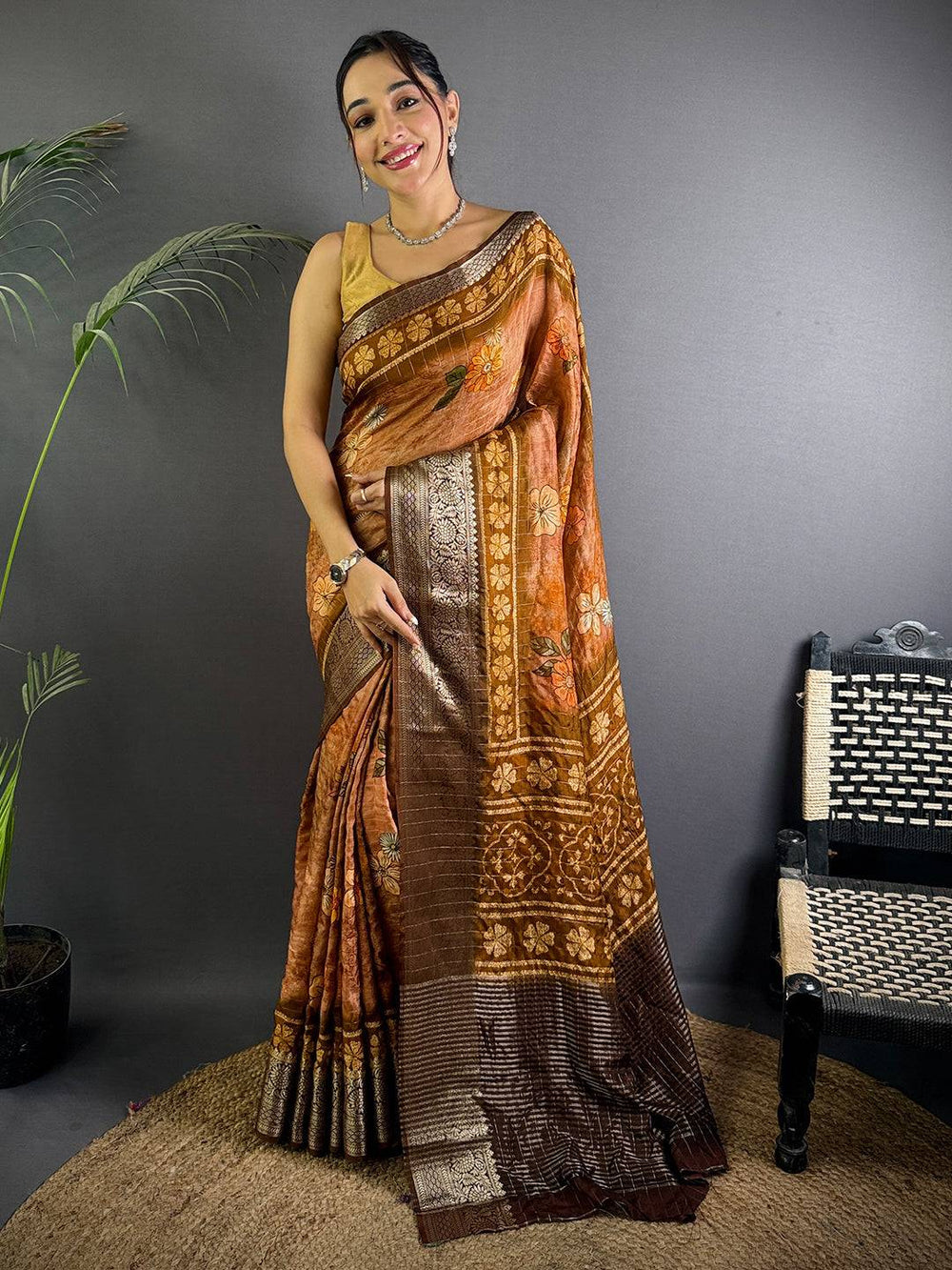 Brown Linen Silk Saree with Floral Digital Print & Antique Zari Border
