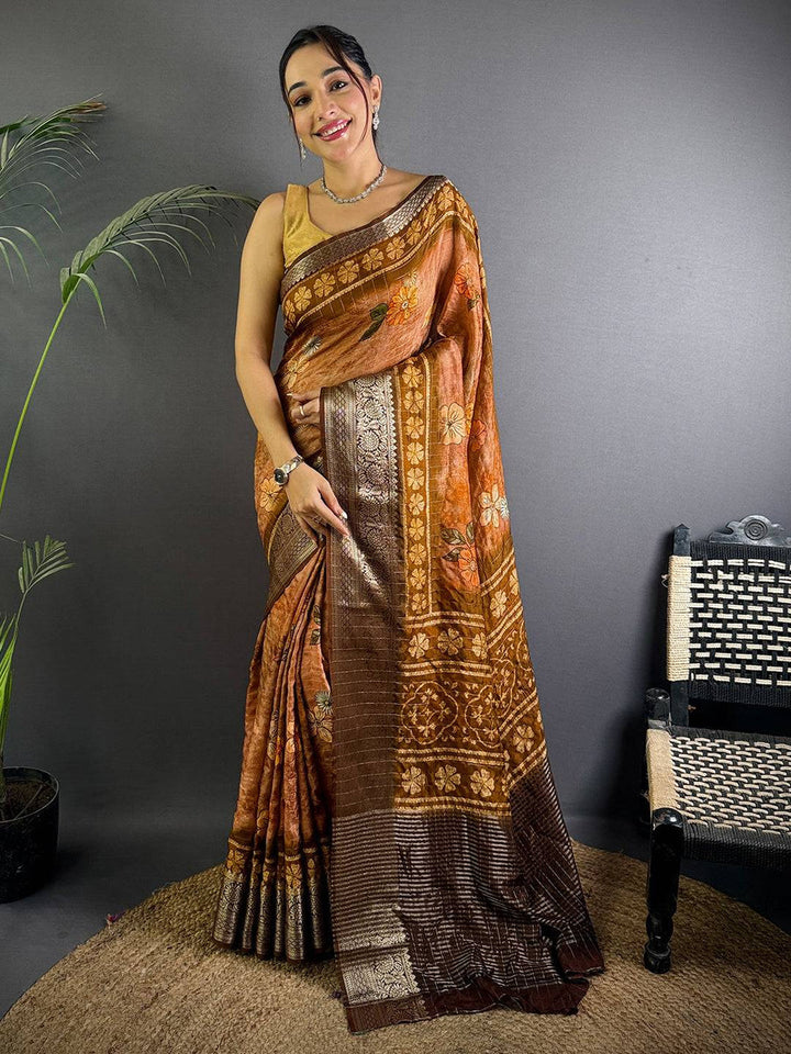 Brown Linen Silk Saree with Floral Digital Print & Antique Zari Border