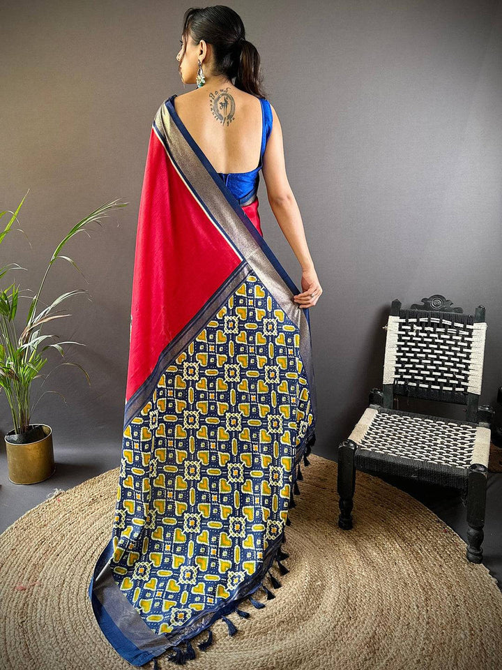 Red & Navy Blue Banarasi Silk Saree with Patola Style Weaving & Contrast Tassel Pallu