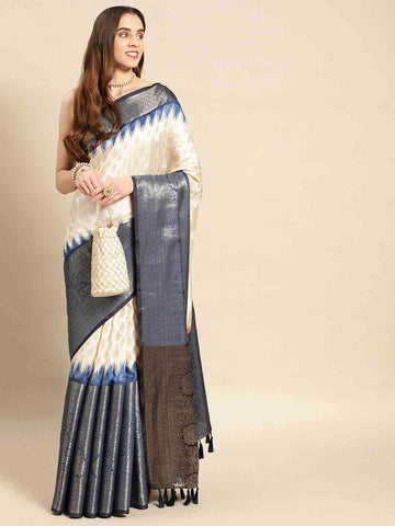 Cream & Navy Blue Banarasi Silk Saree with Ikat Border