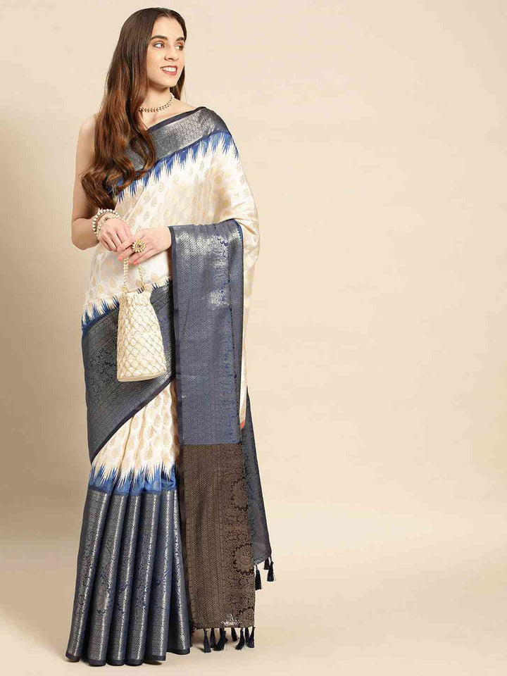 Cream & Navy Blue Banarasi Silk Saree with Ikat Border