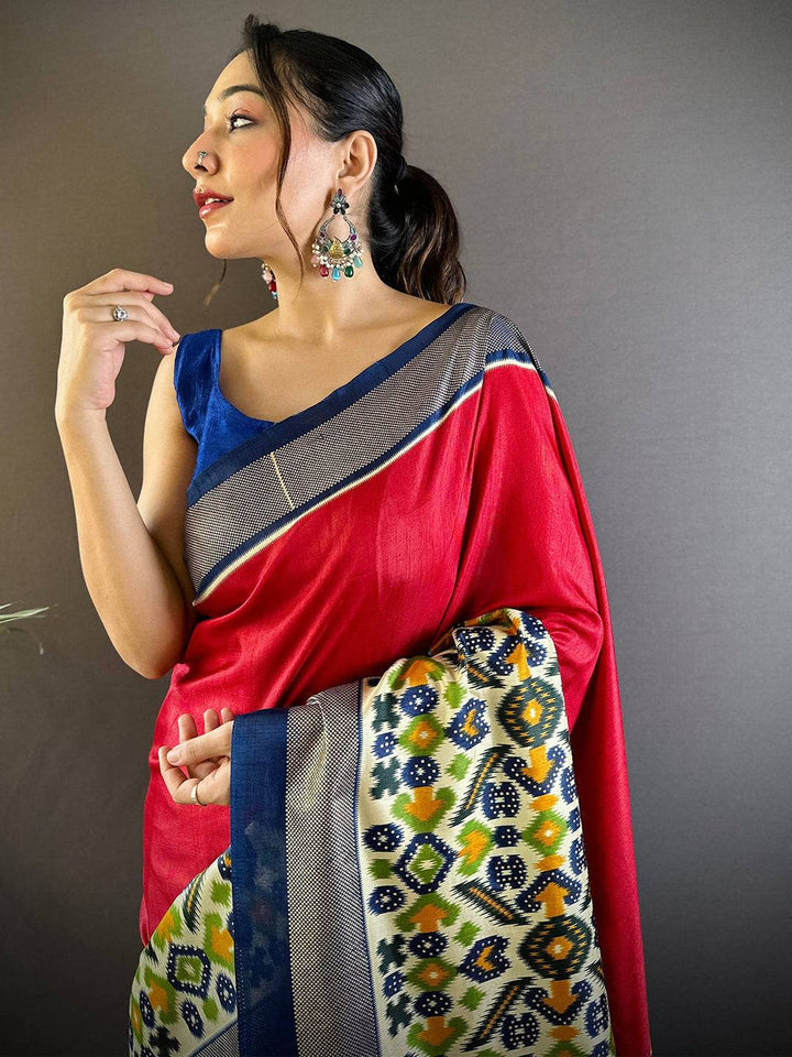 Red & Navy Blue Banarasi Silk Saree with Patola Style Weaving & Contrast Tassel Pallu