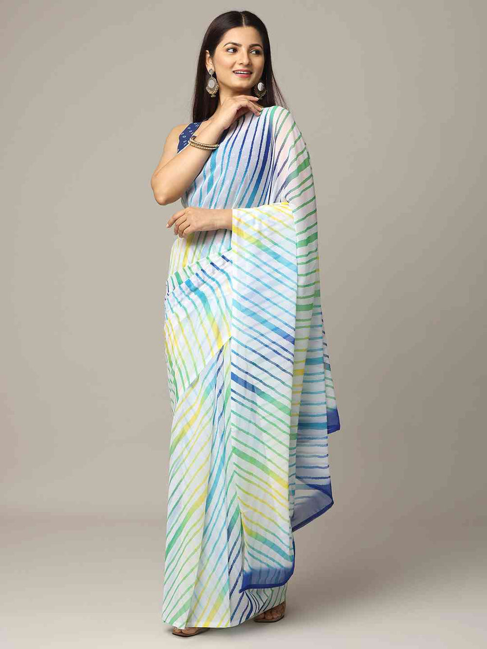 Multicolor Striped Georgette Saree in White Base