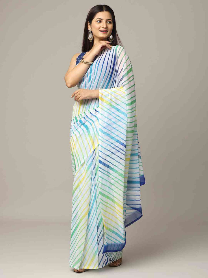 Multicolor Striped Georgette Saree in White Base