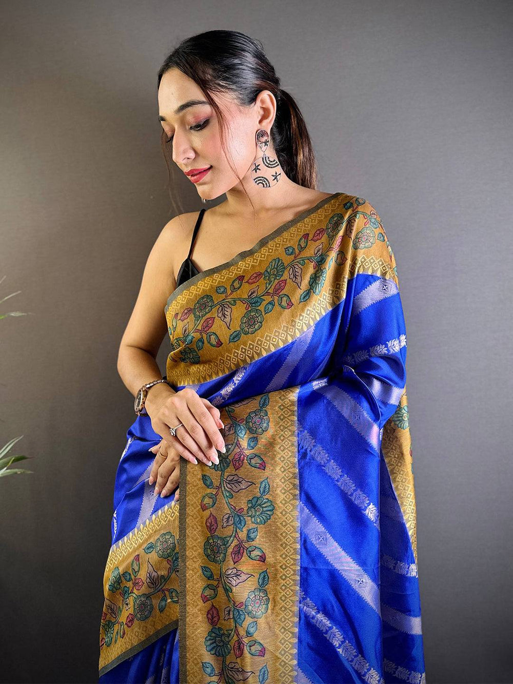 Royal Blue & Mustard Banarasi Silk Saree with Floral Weaving & Contrast Tassel Pallu