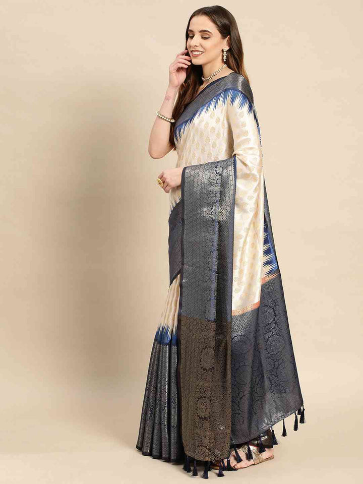 Cream & Navy Blue Banarasi Silk Saree with Ikat Border