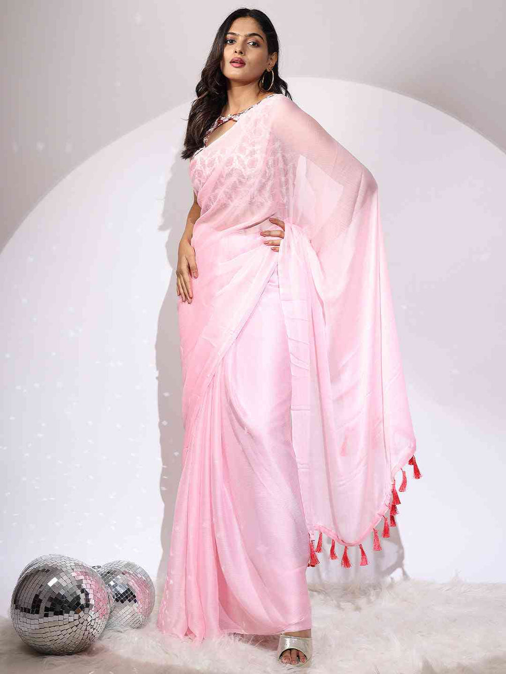 Baby Pink Organza Saree with Lace Border & Tassels